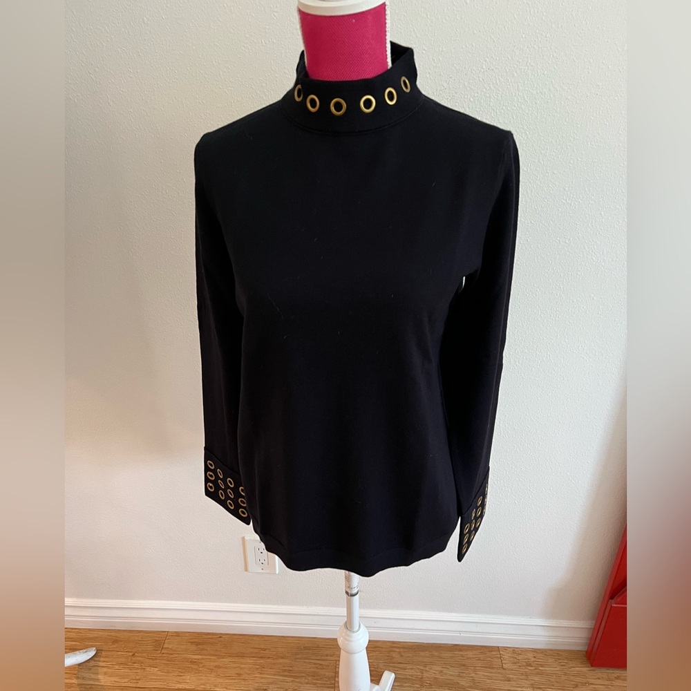 Tory Burch Black Mock Tunic Sweater with Gold Grommets, Medium.